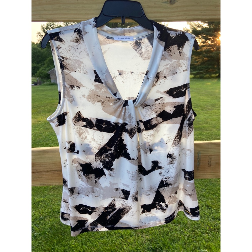 Calvin Klein Womens XL Abstract Print Draped Knot V-Neck Sleeveless Blouse Top